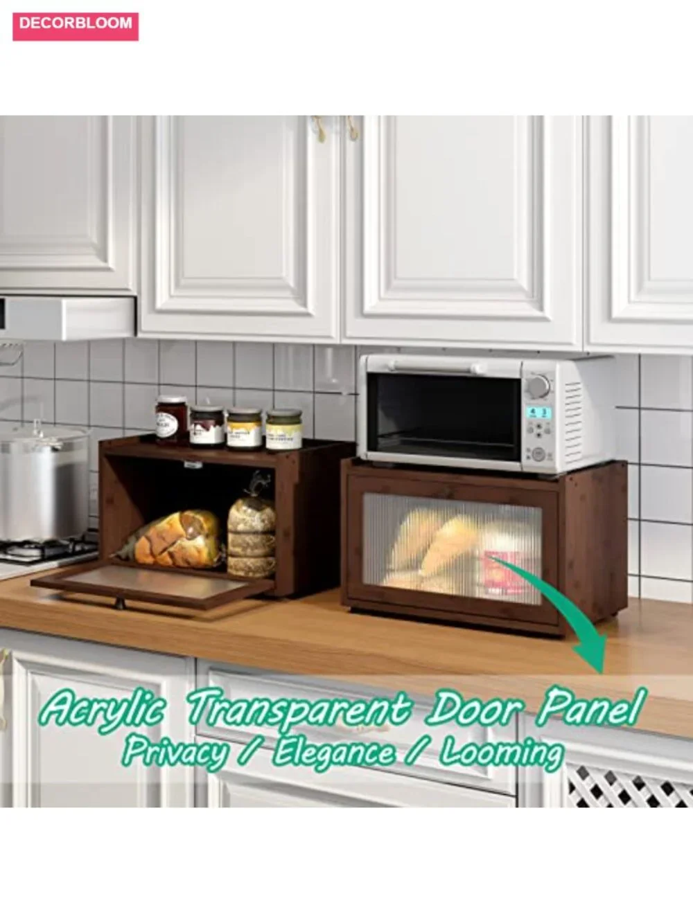 Large Bamboo Bread Box with Wavy Acrylic Door, Stackable Kitchen Counter Storage